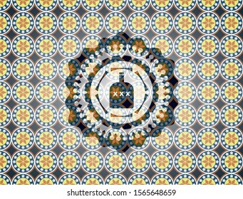 bottle of alcohol icon inside arabesque emblem background. arabic decoration.