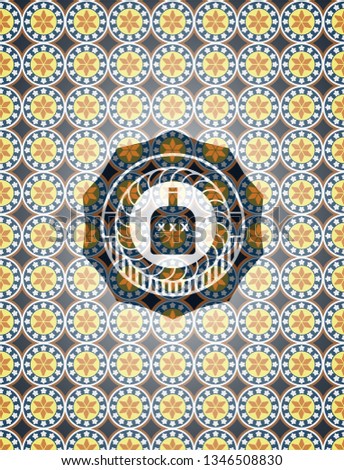 bottle of alcohol icon inside arabesque badge background. arabic decoration.