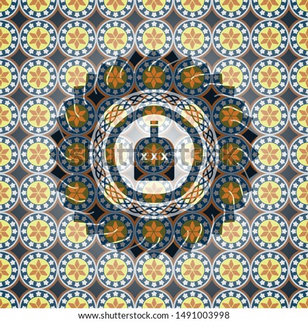 bottle of alcohol icon inside arabesque badge. arabic decoration.