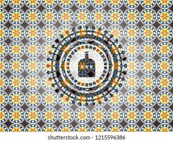 bottle of alcohol icon inside arabic emblem background. Arabesque decoration.