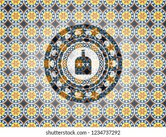 bottle of alcohol icon inside arabic style badge. Arabesque decoration.