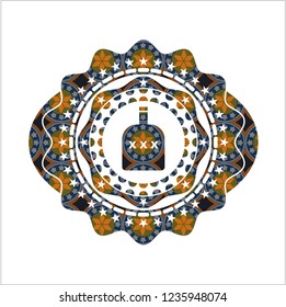 bottle of alcohol icon inside arabic badge background. Arabesque decoration.