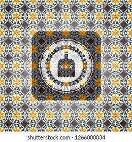 bottle of alcohol icon inside arabic style emblem. Arabesque decoration.