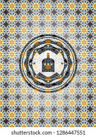 bottle of alcohol icon inside arabic style emblem. Arabesque decoration.