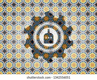 bottle of alcohol icon inside arabic badge background. Arabesque decoration.