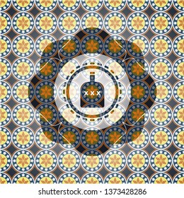 bottle of alcohol icon inside arabic emblem background. Arabesque decoration.