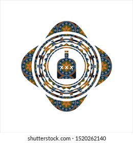 bottle of alcohol icon inside arabic style emblem. Arabesque decoration.