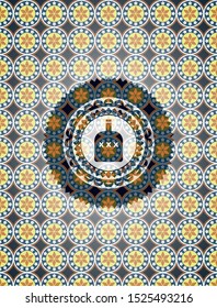 bottle of alcohol icon inside arabic emblem background. Arabesque decoration.