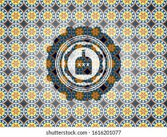 bottle of alcohol icon inside arabic style badge. Arabesque decoration.