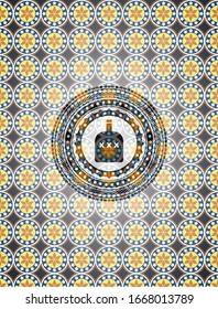 bottle of alcohol icon inside arabic badge. Arabesque decoration.