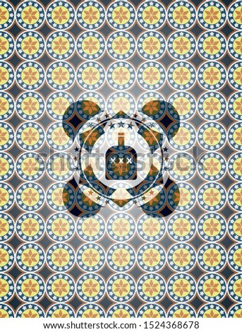 bottle of alcohol icon inside arabic badge background. Arabesque decoration.