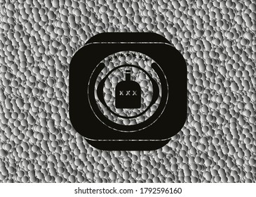 bottle of alcohol icon inside black badge with grey bubbles background. Vector Illustration. Detailed. 