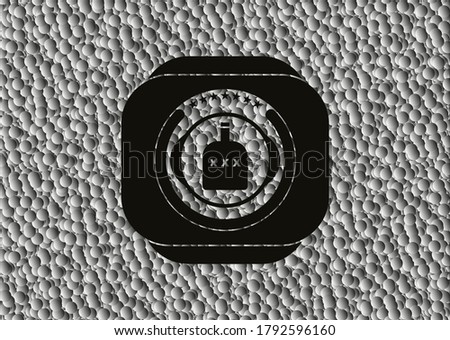 bottle of alcohol icon inside black badge with grey bubbles background. Vector Illustration. Detailed. 