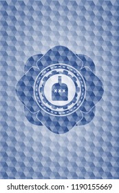 bottle of alcohol icon inside blue emblem with geometric background.