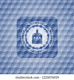 bottle of alcohol icon inside blue hexagon badge.