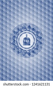 bottle of alcohol icon inside blue hexagon emblem.