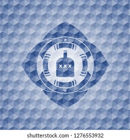 bottle of alcohol icon inside blue polygonal badge.