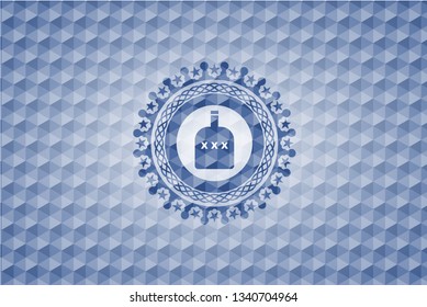 bottle of alcohol icon inside blue emblem with geometric background.