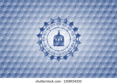 bottle of alcohol icon inside blue emblem with geometric pattern.