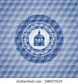bottle of alcohol icon inside blue badge with geometric pattern background.