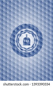 bottle of alcohol icon inside blue polygonal emblem.