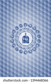 bottle of alcohol icon inside blue emblem or badge with abstract geometric pattern background.