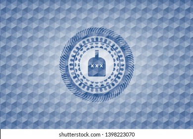 bottle of alcohol icon inside blue emblem with geometric pattern.