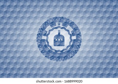 bottle of alcohol icon inside blue emblem or badge with geometric pattern background.