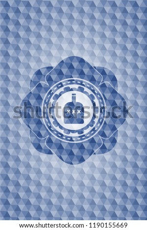bottle of alcohol icon inside blue emblem with geometric background.