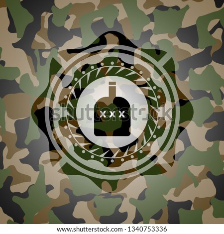 bottle of alcohol icon inside camouflage emblem