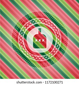 bottle of alcohol icon inside christmas colors emblem.