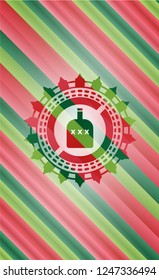 bottle of alcohol icon inside christmas colors style badge.