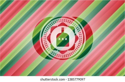 bottle of alcohol icon inside christmas colors style badge.