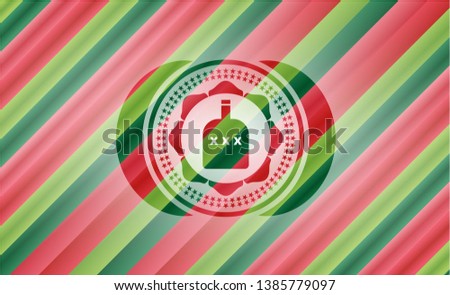 bottle of alcohol icon inside christmas colors style badge.