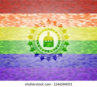 bottle of alcohol icon inside emblem on mosaic background with the colors of the LGBT flag