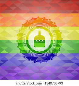 bottle of alcohol icon inside emblem on mosaic background with the colors of the LGBT flag