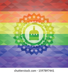 bottle of alcohol icon inside emblem on mosaic background with the colors of the LGBT flag