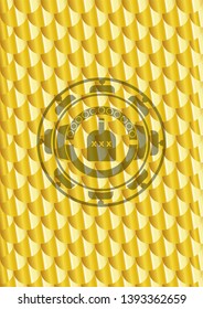bottle of alcohol icon inside gold badge or emblem. Scales pattern. Vector Illustration. Detailed.