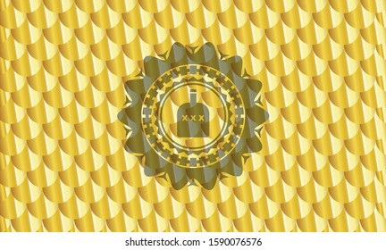 bottle of alcohol icon inside gold badge or emblem. Scales pattern. Vector Illustration. Detailed.
