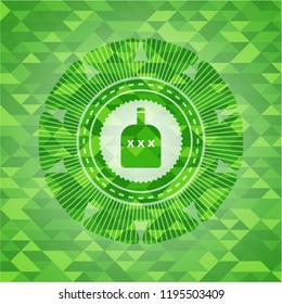 bottle of alcohol icon inside green emblem with mosaic ecological style background