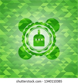 bottle of alcohol icon inside green emblem. Mosaic background
