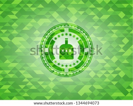 bottle of alcohol icon inside green emblem with mosaic background