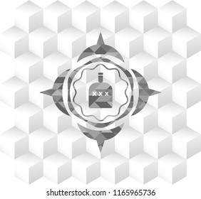 bottle of alcohol icon inside grey badge with geometric cube white background