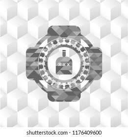 bottle of alcohol icon inside grey emblem with geometric cube white background