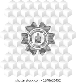 bottle of alcohol icon inside grey emblem with cube white background