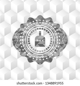 bottle of alcohol icon inside grey emblem with cube white background