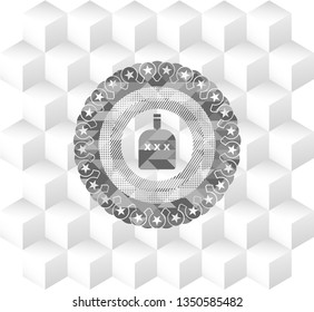 bottle of alcohol icon inside grey emblem. Vintage with geometric cube white background