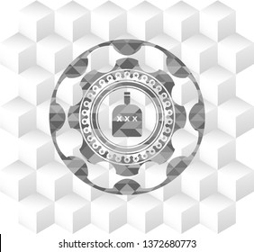 bottle of alcohol icon inside grey emblem with geometric cube white background