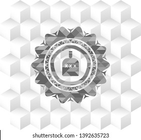bottle of alcohol icon inside grey emblem. Vintage with geometric cube white background