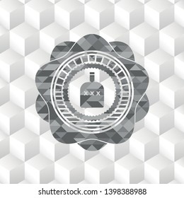 bottle of alcohol icon inside grey badge with geometric cube white background